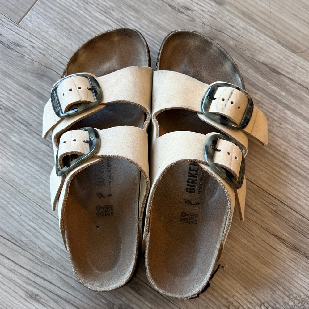 Birkenstock Arizona Big Buckle Almond Nubuck Leather  with tortoise buckle